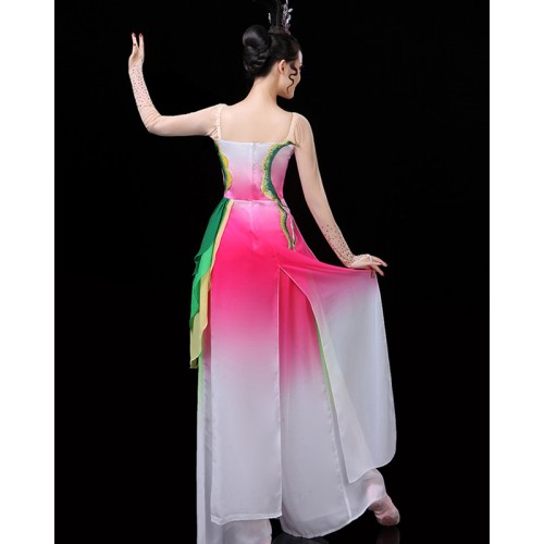 Women's pink with green gradient Chinese folk classical dance costumes Chinese lotus fan dance dresses umbrella dance yangko wear for adult